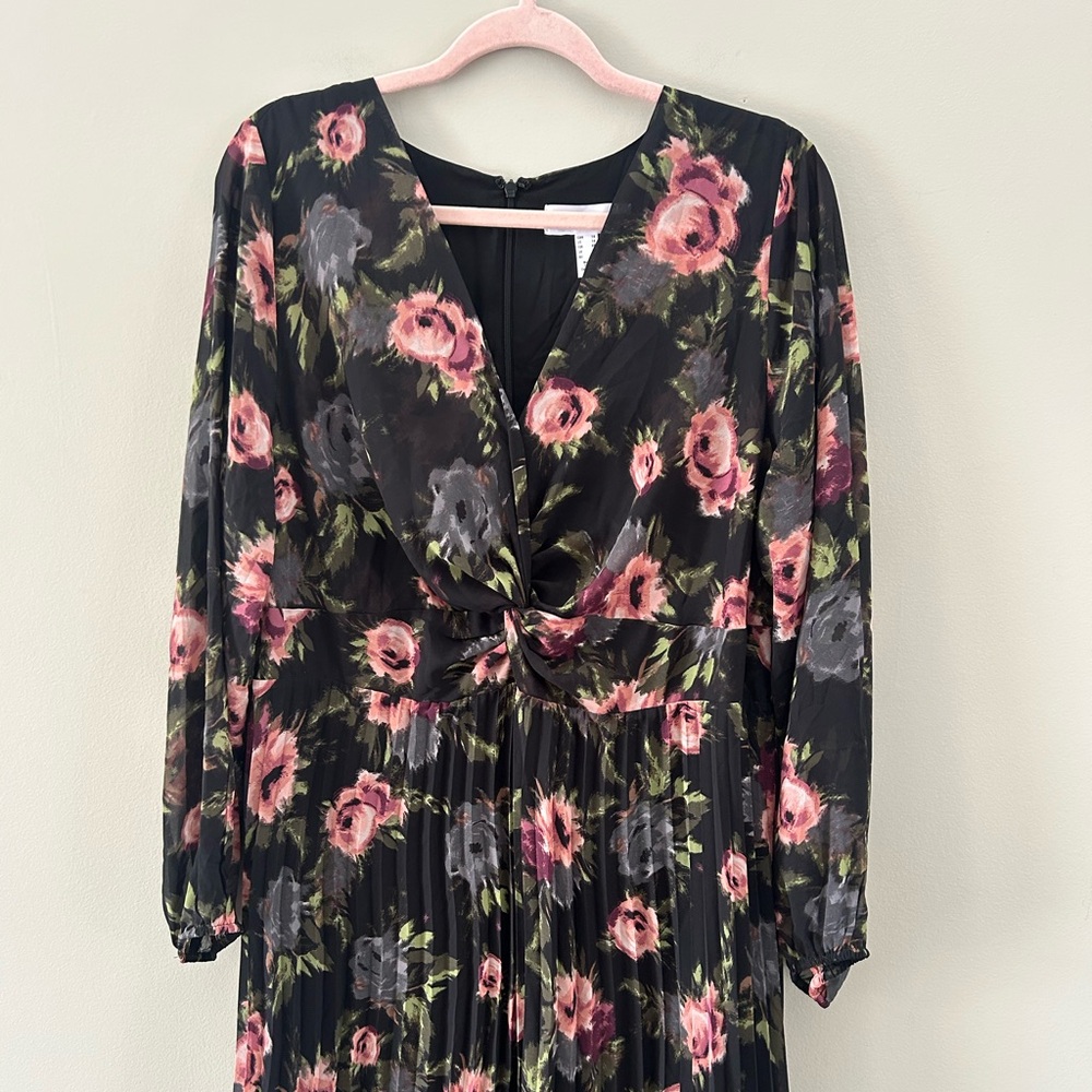 Addition Elle Pleated Skirt Twist Front Semi Sheer Long Sleeve Floral Midi Dress - Picture 5 of 6
